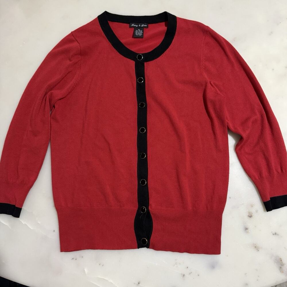 Audrey And Grace Red Thin Cardigan Sweater Black Trim Button Placket Knit Sz XL